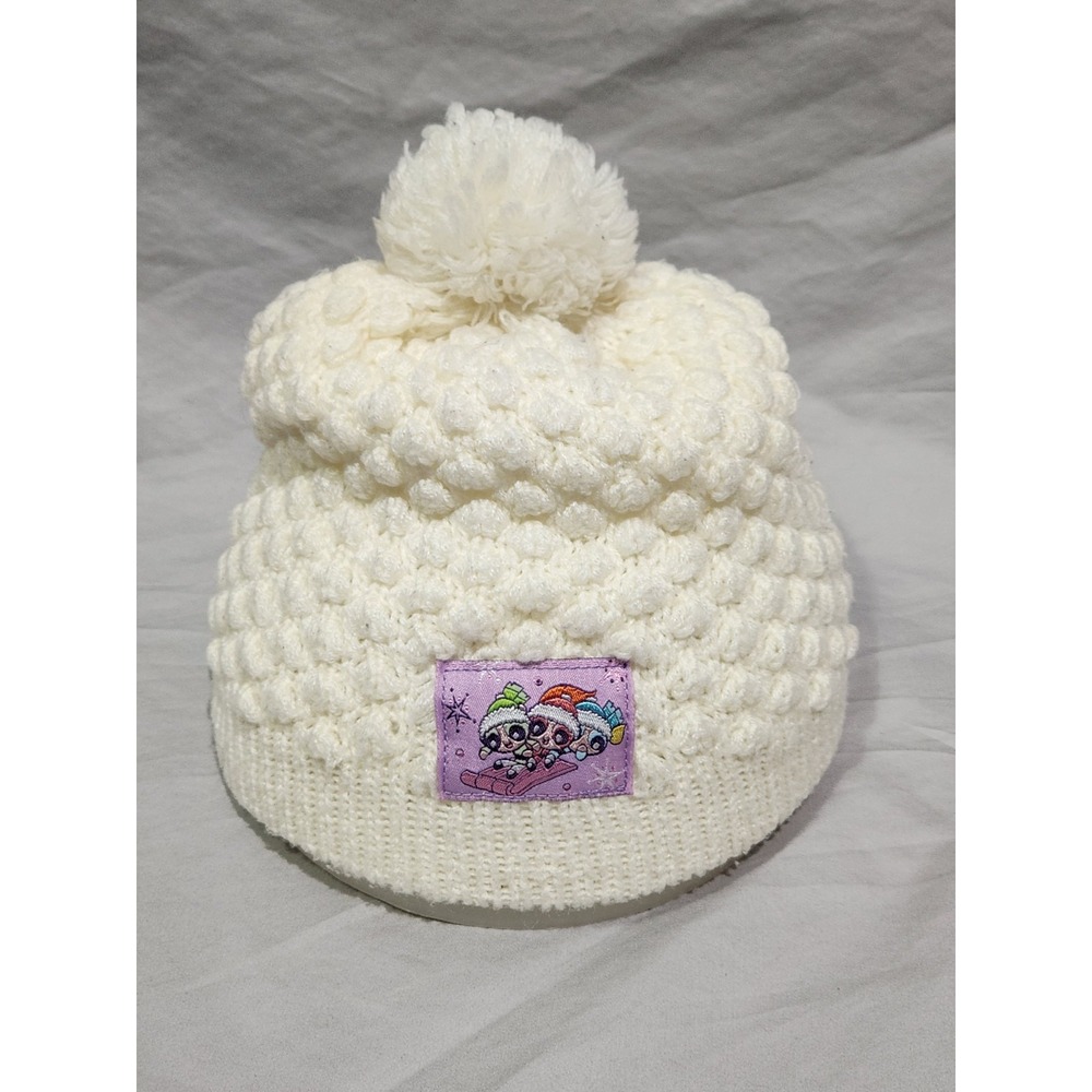 Y2K Power Puff Girls 2001 Cream‎ Bubble Knit Stocking Hat / Beanie w Top Puff